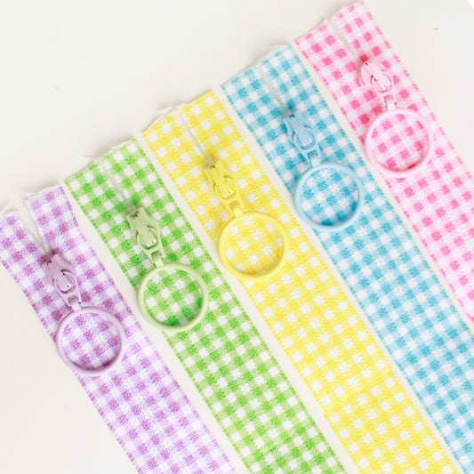 ギンガムチェック柄プリントファスナー 5色セット(ポップカラー)長さ20cm