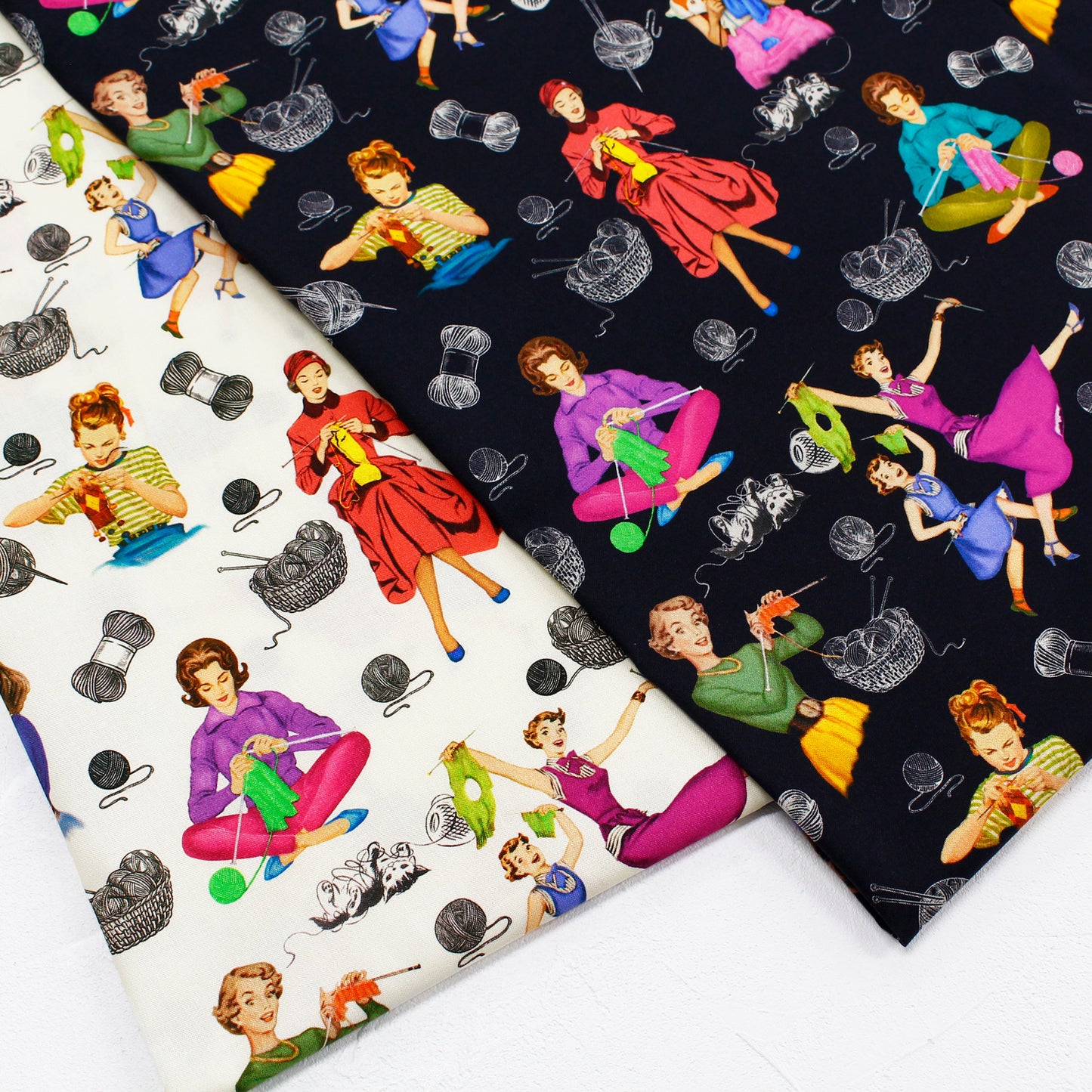 【USAコットン】Michael Miller ニッター レディ 黒地 Knitting time MICH11727-B 綿100% シーチング生地 1mカットクロス