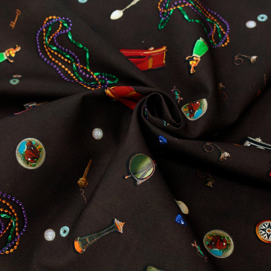 【USAコットン】ROBERT KAUFMAN アンティーク小物柄 ブラック ROB23074-184 綿100% シーチング生地 1mカットクロス