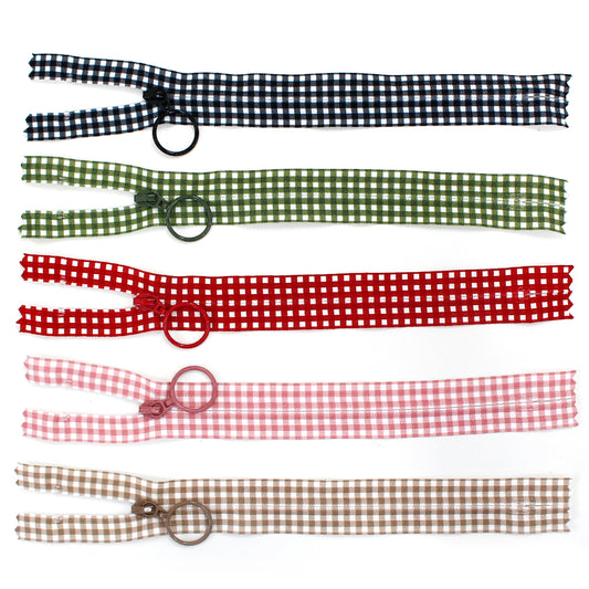 ギンガムチェック柄プリントファスナー 5色セット(ナチュラルカラー)長さ20cm