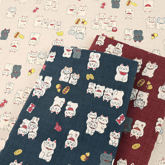 招き猫と和モチーフ柄 カットクロス | ベージュ/レッド/ネイビーブルー | 約110×50cm | ドビー織 綿100% ツムギ生地