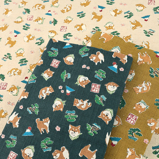 柴犬と和モチーフ柄 カットクロス | ベージュ/マスタード/グレイ | 約110×50cm | ドビー織 綿100% ツムギ生地