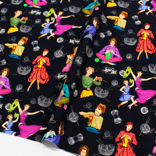 【USAコットン】Michael Miller ニッター レディ 黒地 Knitting time MICH11727-B 綿100% シーチング生地 1mカットクロス