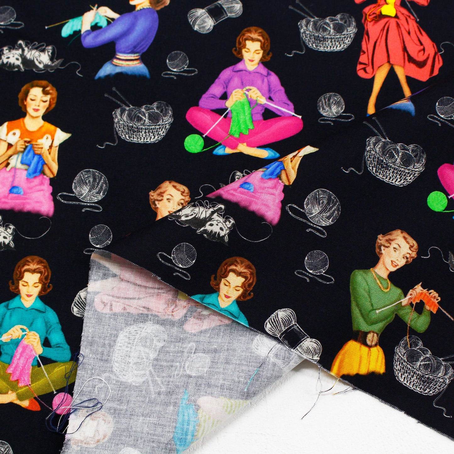 【USAコットン】Michael Miller ニッター レディ 黒地 Knitting time MICH11727-B 綿100% シーチング生地 1mカットクロス