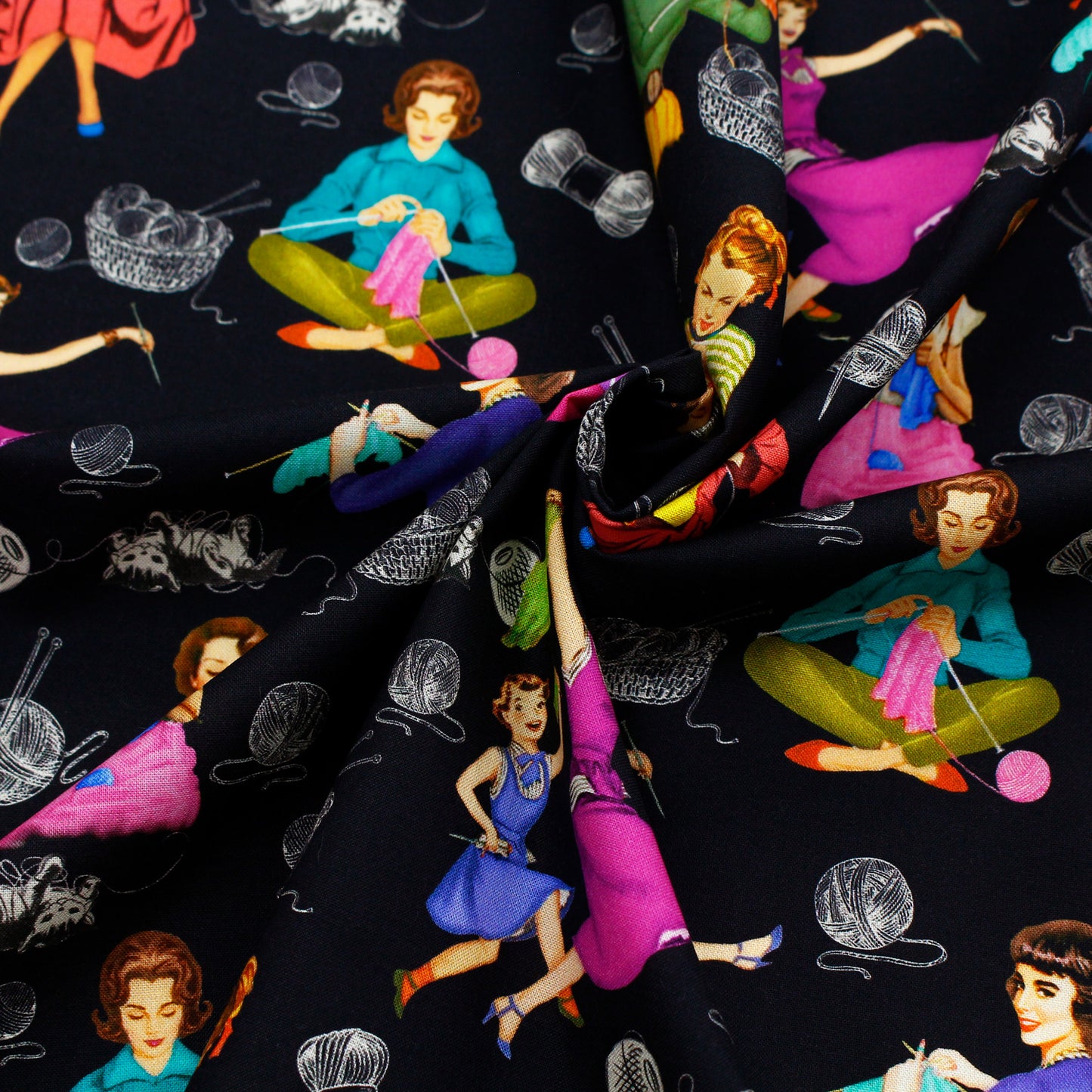 【USAコットン】Michael Miller ニッター レディ 黒地 Knitting time MICH11727-B 綿100% シーチング生地 1mカットクロス