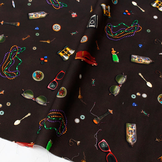 【USAコットン】ROBERT KAUFMAN アンティーク小物柄 ブラック ROB23074-184 綿100% シーチング生地 1mカットクロス