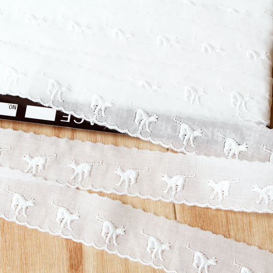 綿レース ねこ柄 白 14ｍ巻 CL1372-00（着地）