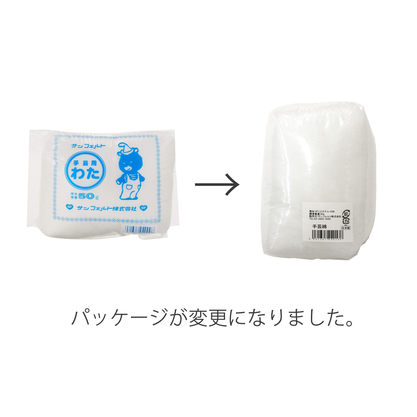 サンフェルト 手芸用わた 50g（CN14-50G）｜ふんわり軽やか・ぬいぐるみ・マスコット用中綿