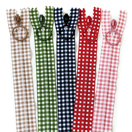 ギンガムチェック柄プリントファスナー 5色セット（ナチュラルカラー）長さ20cm