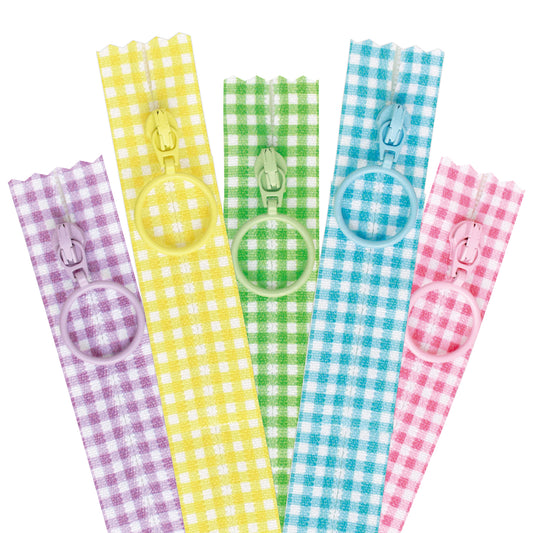 ギンガムチェック柄プリントファスナー 5色セット（ポップカラー）長さ20cm