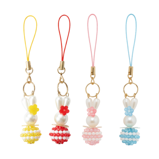花うさのストラップキットのセット（ピンク・水色・イエロー・赤）