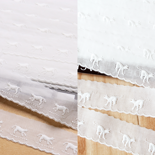 綿レース ねこ柄 白 14ｍ巻 2種類セット（歩く・着地）