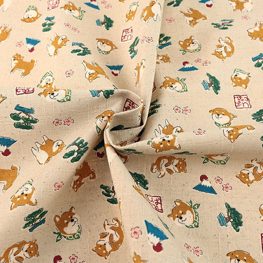 柴犬と和モチーフ柄｜綿100％ツムギ生地［約110×50cm／ドビー織］