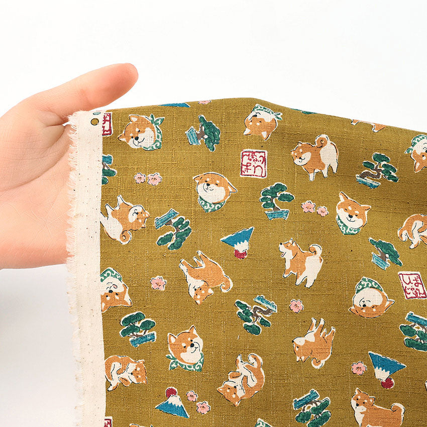 柴犬と和モチーフ柄｜綿100％ツムギ生地［約110×50cm／ドビー織］