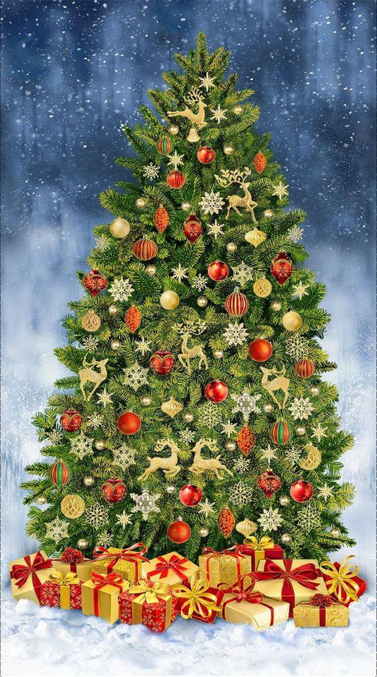[Imported from the USA] Timeless Treasures Christmas Tree Fabric Panel – Approx. 61×112cm – 100% Cotton