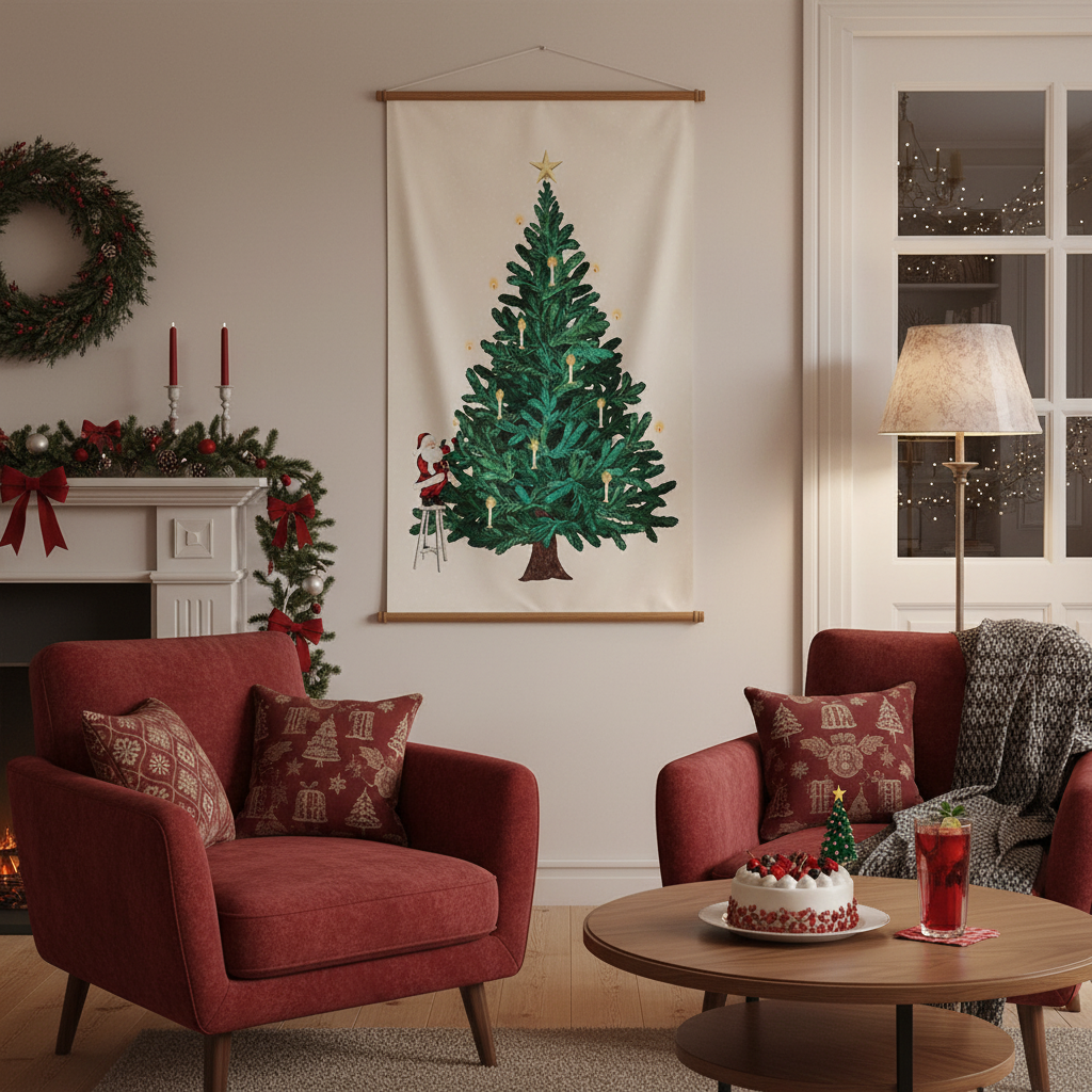 Christmas Tree and Santa Claus Tapestry Panel, Cut Cloth (Off-White/Navy) 108 x 70cm