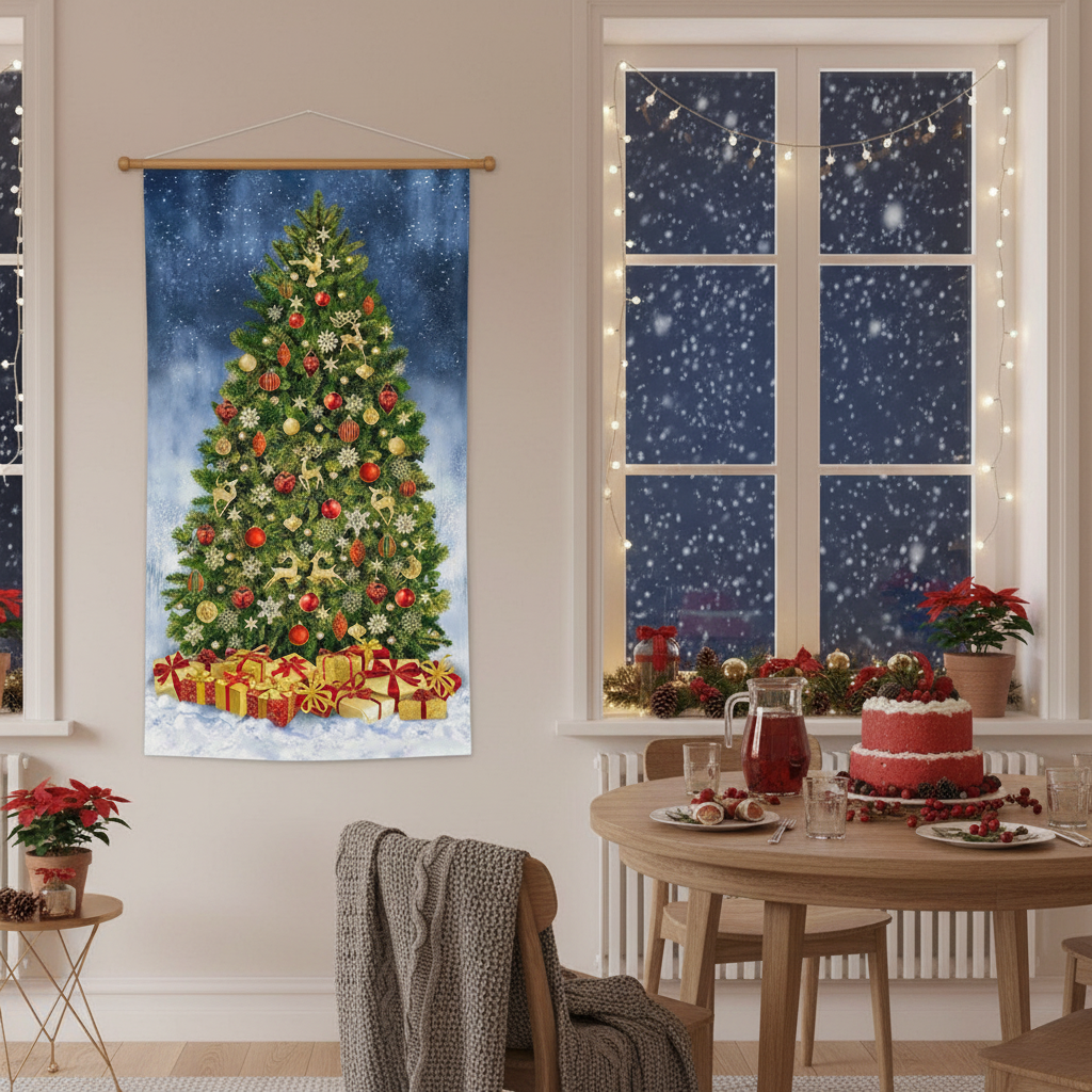 【USA輸入】Timeless Treasures クリスマス装飾 壁掛け布  パネル生地 61×112cm | クリスマスツリー 金彩プリント
