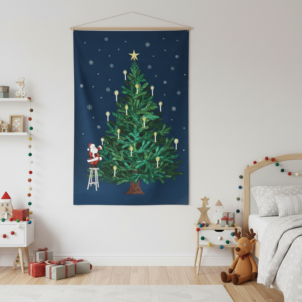 Christmas Tree and Santa Claus Tapestry Panel, Cut Cloth (Off-White/Navy) 108 x 70cm